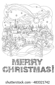 Vector doodle Merry Christmas, lettering Greeting Card design .Vector illustration. Hand drawn line illustration.Sketch for postcard or print or coloring adult anti stress book.Boho zen art style.