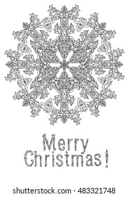 Vector doodle Merry Christmas, lettering Greeting Card design  Hand drawn line illustration.Sketch for postcard or print or coloring adult anti stress book.Boho zen art style.