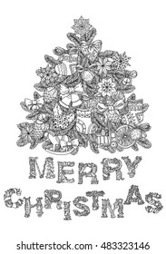 Vector doodle Merry Christmas, lettering Greeting Card design Hand drawn line illustration.Sketch for postcard or print or coloring adult anti stress book.Boho zen art style.