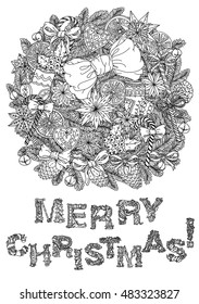 Vector doodle Merry Christmas, lettering Greeting Card design. Hand drawn line illustration.Sketch for postcard or print or coloring adult anti stress book.Boho zen art style.