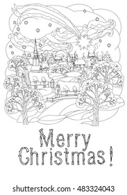 Vector doodle Merry Christmas, lettering Greeting Card design .Vector illustration. Hand drawn line illustration.Sketch for postcard or print or coloring adult anti stress book.Boho zen art style.