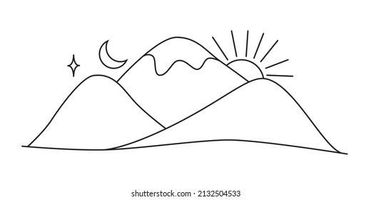 Vector doodle mountain poster. Line nature landscape. hand drawn doodle sketch mountains. Hand drawn vector illustration. T-shirt, poster, banner, badge, emblem, sticker, placard.