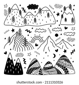 Vector doodle mountains with pine trees. Hand drawn collection of hills and peaks silhouettes. Abstract nature landscapes. Outline hillside illustration 