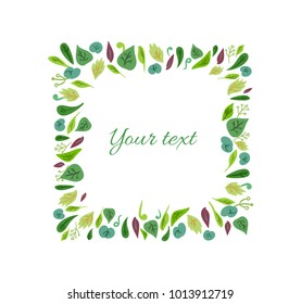 Vector doodle multicolor hand drawn frame from green leaves. Various leaves on white background. Background for textile or book covers, manufacturing, wallpapers, print, gift wrap.