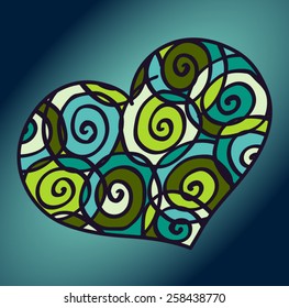 Vector doodle multicolored heart isolated on the background reminding dark night sky or deep in the ocean or sea. Heart is decorated with swirling spiral ornaments on a dark green background