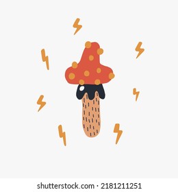 Vector doodle mushroom with lightning. Hand drawn colorful fly agaric illustration in trendy vintage colors. Flat design.