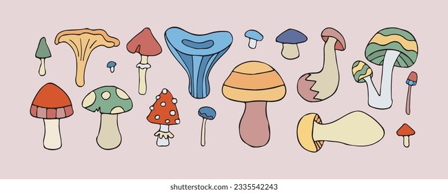 Vector doodle mushroom set, isolated fungi icon collection, retro 60s hippie print, trippy funky magic mushrooms, cartoon forest psychedelic collection