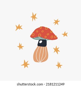 Vector doodle mushroom with stars. Hand drawn colorful fly agaric illustration in trendy vintage colors. Flat design.