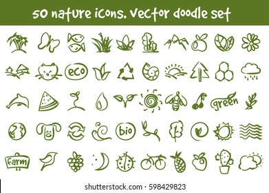 Vector doodle nature icons set. Stock cartoon signs for design.