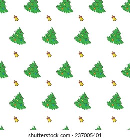 Vector doodle New Year seamless pattern with tree and bell in sketch style
