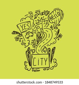 Vector Doodle New York. Hand-drawn vector sketch of the urban streets of the United States. Street with the inscription of the City. Urban environment road signs, car, houses, trees, plants, flowers