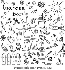 Vector doodle on the theme of the garden and gardening. Vegetables, gardening tools, insects. Summer theme