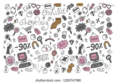 Vector doodle online shopping concept. Hand drawn sale store isolated objects. Shop retail poster
