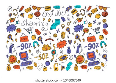 Vector doodle online shopping. Hand drawn line store isolated objects. 