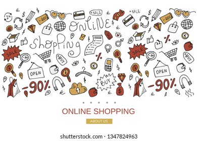 Vector doodle online shopping set. Hand drawn shop discount silhouette. Sale store sketch