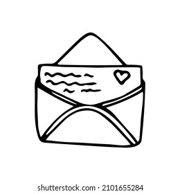 Vector doodle open envelope. Cute letter with postcard. Valentine's day clipart. Outline.