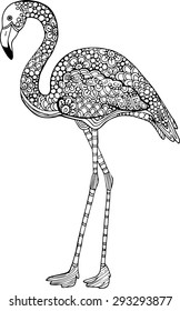 Vector Doodle Ornamental Flamingo Illustration. Decorative Monochrome Flamingo Drawing 