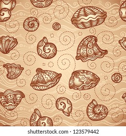 Vector doodle ornate seashells vintage seamless pattern