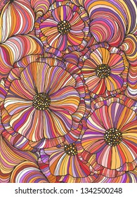 Vector doodle outline abstract ornamental flowers stripe background. Funky backdrop