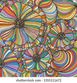 Vector doodle outline abstract ornamental flowers stripe background. Funky backdrop