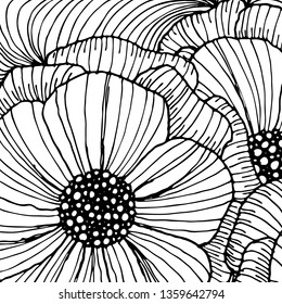 Vector doodle outline abstract ornamental flowers stripe background. Funky backdrop for coloring book