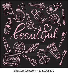 Vector doodle outline cosmetic illustration. Hand drawn beautiful lettering and makeup objects in sketch style. For beauty shop sale discount, make up store