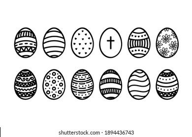 Juego de Huevos de Pascua de Vector Doodle. Huevos pintados de vacaciones tradicionales. Elementos artísticos de líneas trazadas a mano aislados. Colección de dibujo de contorno en blanco y negro para tarjeta de diseño, afiche, página de libro de coloración