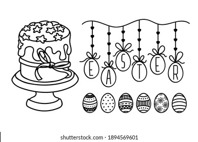 Vector Doodle Outline Easter Set. Contour drawing Painted Eggs, Garland with Eggs hanging on a rope, Easter Сake on a stand. Hand drawn Religious Holiday symbols, elements for design poster, coloring