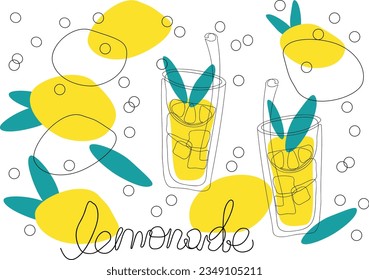 vector doodle outline illustration of drink lemonade in glasses with straw, ice, lemons, mint and lettering. Abstraction, black contour and colored spots in the form of fruits and leaves