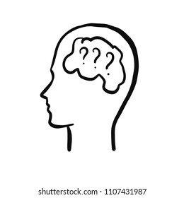 Vector doodle outline illustration - human head with quoestion within - for market research, financial, PR, business needs. Brainstorming, searching for idea. For logo, icon, banner, poster.