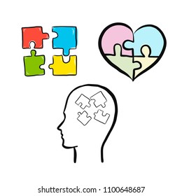 Vector doodle outline illustration on puzzle for market research, financial, PR, business needs. Brainstorming, searching for idea. For logo, icon, banner, poster.