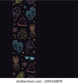 Vector doodle outline summer seamless vertical border. Repeated background design for advertising beach holiday, island tourism. Chalk outline fruits, touristic equipment and flowers on black.