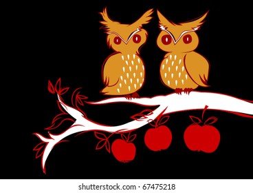 vector doodle owls sitting on a branch