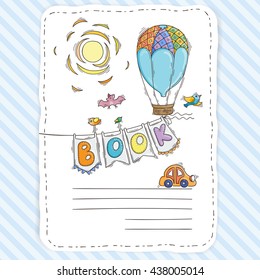 Vector doodle page for kids and children. Balloon and festive garland of flags. Child magazine.