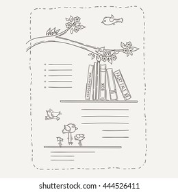 Vector doodle page for kids and children. Bookshelf and toys. Child magazine.