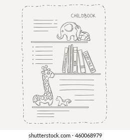 Vector doodle page for kids and children. Bookshelf and toys. Child magazine.