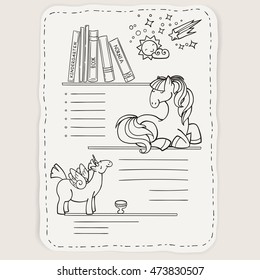 Vector doodle page for kids and children. Pony and books. Child magazine. Coloring page.