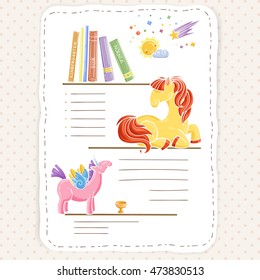 Vector doodle page for kids and children. Pony and books. Child magazine.