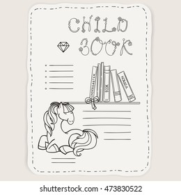 Vector doodle page for kids and children. Pony and books. Child magazine. Coloring page.