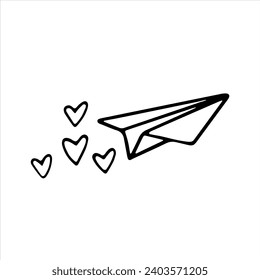 Vector doodle paper airplane with hearts. Line drawing for card, Valentine's day, birthday, wedding
