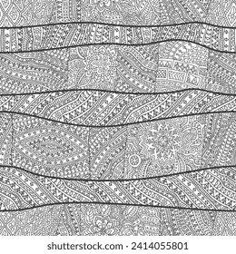 Vector doodle patchwork, seamless pattern from black and white hand drawn ornaments and stripes