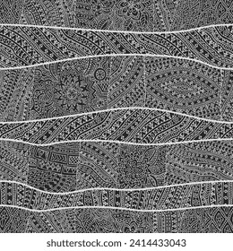 Vector doodle patchwork, seamless pattern from black and white hand drawn ornaments and stripes