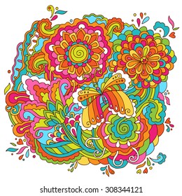 Vector doodle pattern with butterfly.  Hand drawn design element  with colorful flowers and leafs. 