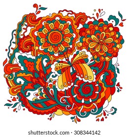 Vector doodle pattern with butterfly.  Hand drawn design element  with colorful flowers and leafs. 