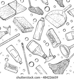 Vector doodle pattern of cleaning tools. Cleaning service. 