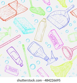 Vector doodle pattern of cleaning tools. 