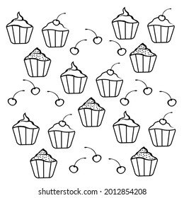 Vector doodle pattern of cupcakes  and cherries. Black outline illustration isolated on a white background.