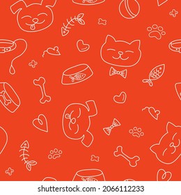 Vector doodle pattern of dogs, cats, pet food and toys. Vector graphics. White drawings on a red background.