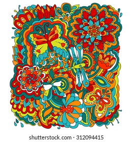 Vector doodle pattern with dragonfly and butterflies.  Hand drawn design element  with colorful flowers and leafs. 
