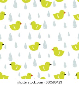Vector doodle pattern with ducklings and raindrops. Simple drawings. Eps 10